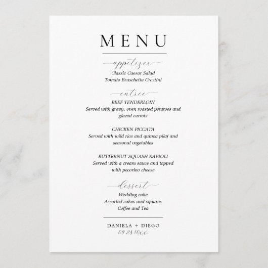 Minimalistisch huwelijksmenu en bedankkaart menu (Voorkant)