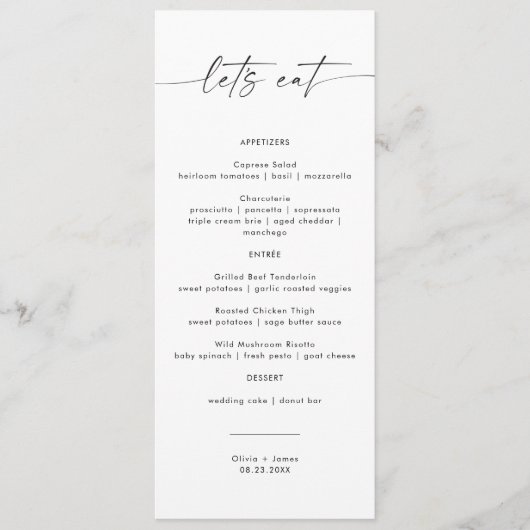 Minimalistisch huwelijksmenu, huwelijksmenu Kaarte Menu (Voorkant)