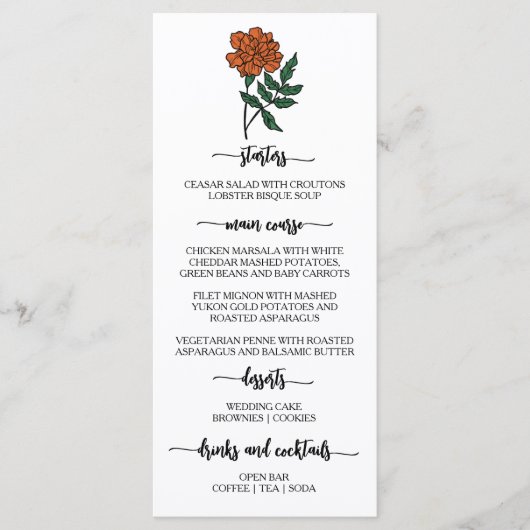 Minimalistisch huwelijksmenu voor goudsbloemen menu (Voorkant)