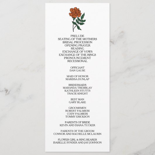 Minimalistisch huwelijksprogramma Marigold Programmakaart (Voorkant)