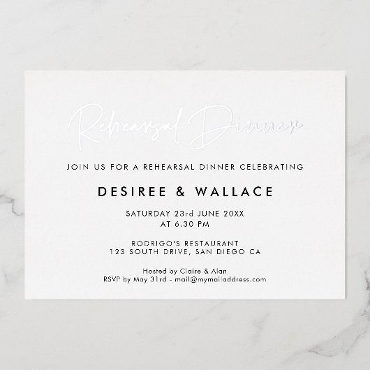 Minimalistisch huwelijksrepetitiediner folie uitnodiging (Voorkant)