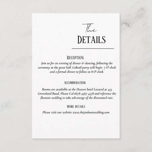 Minimalistisch huwelijksuitnodigingssuite, huwelij informatiekaartje (Voorkant)