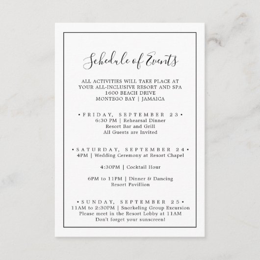 Minimalistisch huwelijksweekschema informatiekaartje (Voorkant)