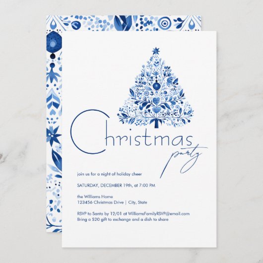 Minimalistisch Hygge Wit en Blauw Kerstfeest Kaart (Voorkant / Achterkant)