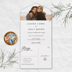 Minimalistisch inclusief fotohuwelijk all in one uitnodiging