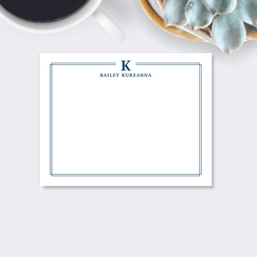 Minimalistisch Initiaal Navy Blue Twee Border Stat Notitiekaartje