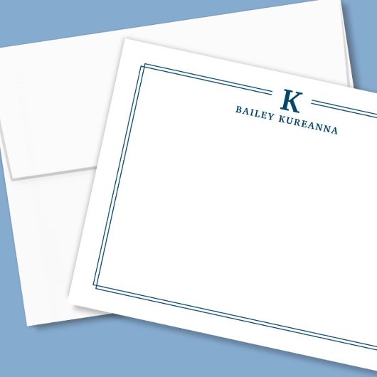 Minimalistisch Initiaal Navy Blue Twee Border Stat Notitiekaartje