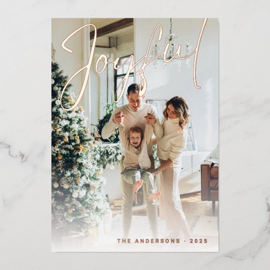 Minimalistisch joyful Script Family Photo Snowflak Folie Feestdagenkaart (Voorkant)