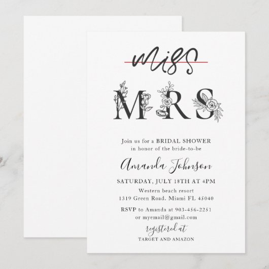 Minimalistisch juffrouw aan Mrs Bridal Shower Uitn Kaart (Voorkant / Achterkant)