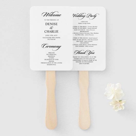 Minimalistisch kalligrafie wit bruiloft programma handwaaier (Voorkant en achterkant)