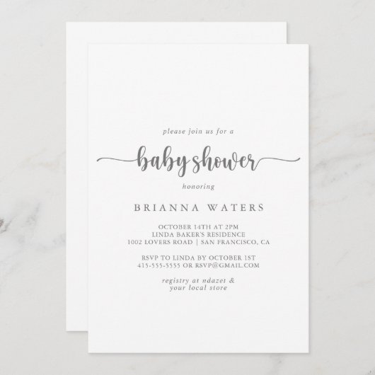 Minimalistisch kalligrafie zilver Baby shower Kaart (Voorkant / Achterkant)