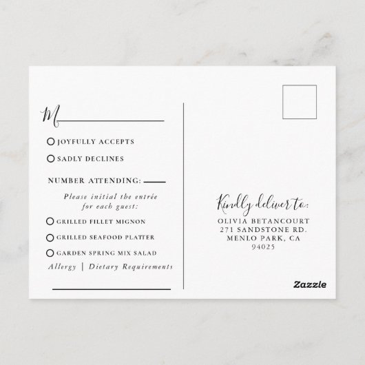 Minimalistisch kalligrafiemenu Keuze Antwoord Briefkaart (Achterkant)