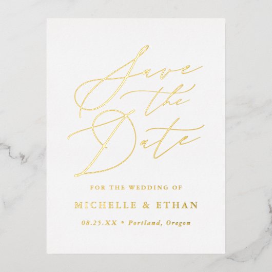 Minimalistisch kalligrafiescript sparen de Datum Folie Uitnodiging Briefkaart (Voorkant)