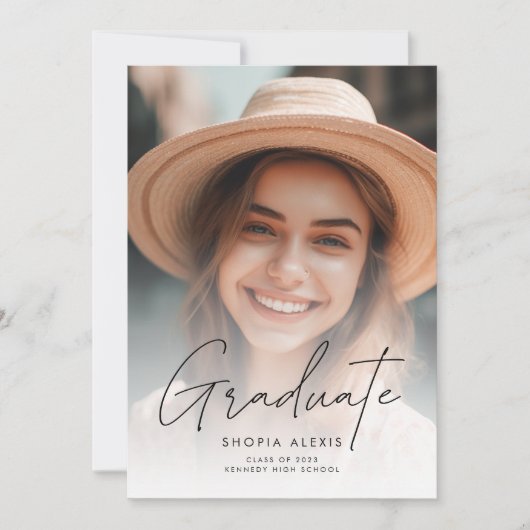 Minimalistisch kalligrafiescript Twee Foto Afstude Aankondiging (Voorkant)