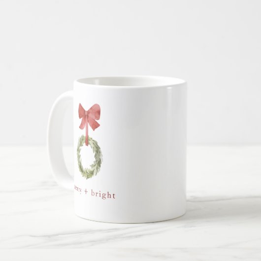 Minimalistisch kerstgroen. Merry + Bright Koffiemok (Voorkant links)