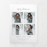 Minimalistisch kerstviering Multi-Photo Grey Chevr Drieluik Wenskaart<br><div class="desc">Modern minimalistisch en elegant ontwerp met een sjabloon van vier foto's met vier regels bewerkbare tekst voor uw persoonlijke groeten op de voorkant. Binnenin beschikt over extra fotosjablonen,  tekstvelden en eenvoudige schone witte en grijze chevron patroon achtergrond.</div>
