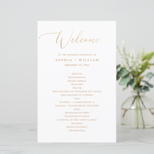 Minimalistisch Klassiek Gouden Script Trouwprogram (Staand voorkant)