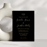 Minimalistisch klassiek monogram huwelijk zwart go folie uitnodiging<br><div class="desc">Minimale uitnodiging voor een klassieke monogram zwart en gouden olievlek</div>