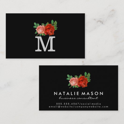 Minimalistisch Klassiek Monogram met Rozen Visitekaartje (Voorkant / Achterkant)