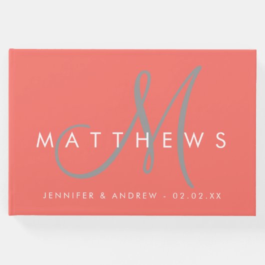 Minimalistisch koraal modern grijs monogram bruilo gastenboek (Voorkant)