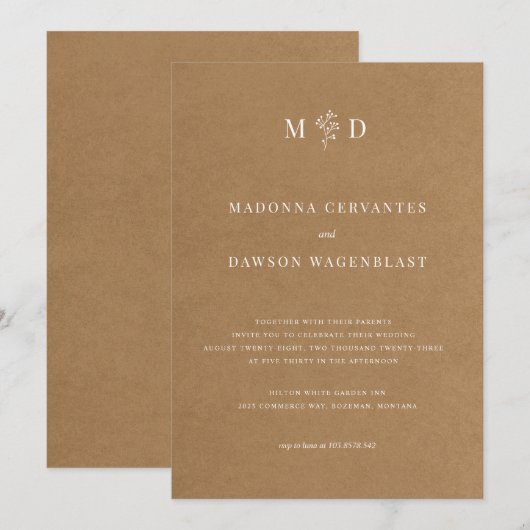 Minimalistisch Kraft Wedding Kaart (Voorkant / Achterkant)