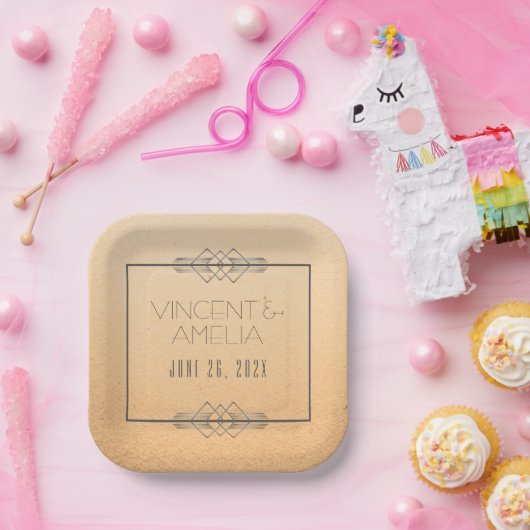 Minimalistisch kunstdeco-peach aangepast huwelijk papieren bordje (Feest)