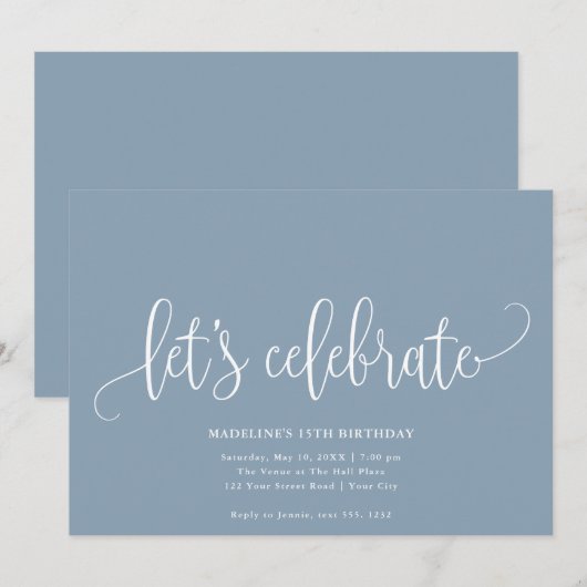 Minimalistisch "Laten we feestvieren" Dusty Blue Kaart (Voorkant / Achterkant)