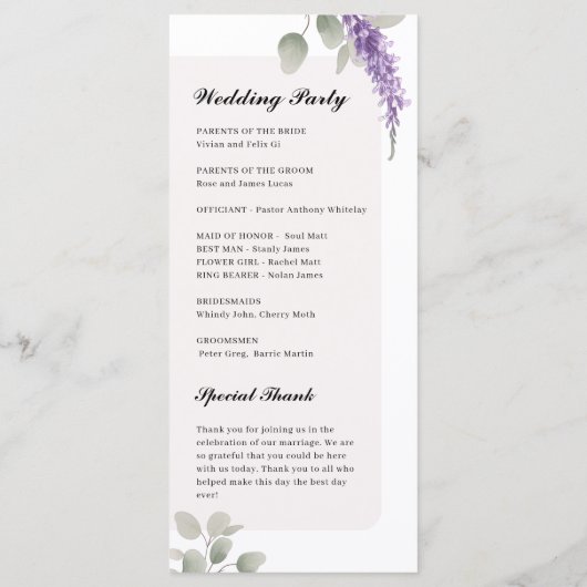 Minimalistisch Lavendel Eucalyptus Trouwprogramma Menu (Achterkant)