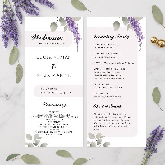 Minimalistisch Lavendel Eucalyptus Trouwprogramma Menu