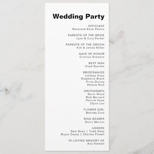 Minimalistisch legant formeel weddenschap programmakaart (Achterkant)