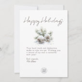 minimalistisch lettertype, sneeuwige dennenappels feestdagenkaart (Voorkant)