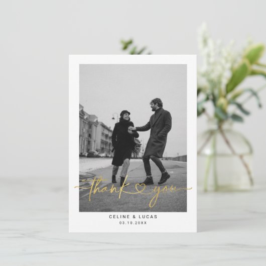 Minimalistisch liefdeshartsscript bruiloft Foto be Bedankkaart (Staand voorkant)