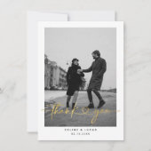 Minimalistisch liefdeshartsscript bruiloft Foto be Bedankkaart (Voorkant)