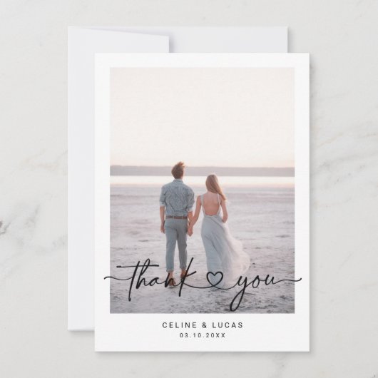 Minimalistisch liefdeshartsscript bruiloft foto bedankkaart (Voorkant)