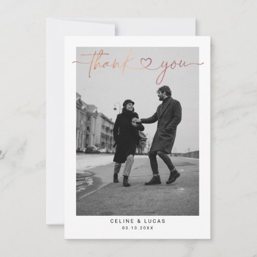 Minimalistisch liefdeshartsscript bruiloft foto bedankkaart (Voorkant)