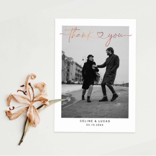 Minimalistisch liefdeshartsscript bruiloft foto bedankkaart