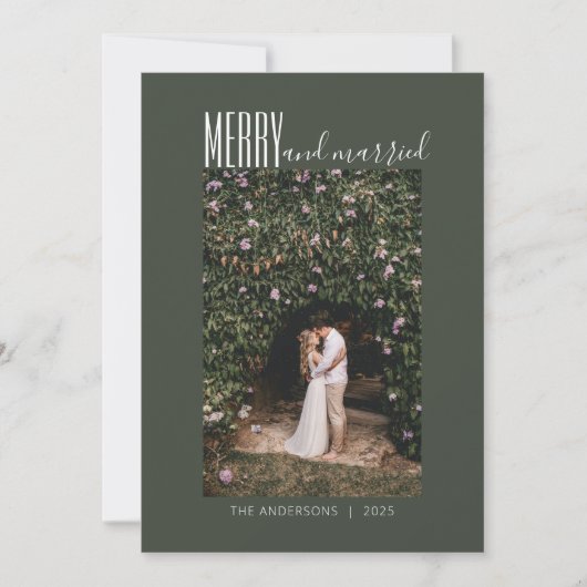 Minimalistisch liefdeshuwelijk foto donkergroen feestdagenkaart (Voorkant)