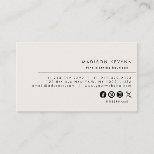 Minimalistisch luxe boetiek ivoor Visitekaartje (Achterkant)