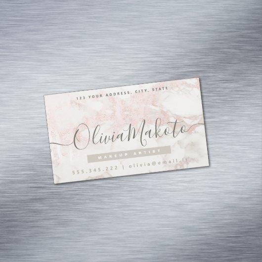 Minimalistisch Luxe Script Marble Pink Design Magnetisch Visitekaartje (Voorbeeld)