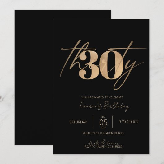 Minimalistisch Manuscript Black en Gold 30th Birth Kaart (Voorkant / Achterkant)