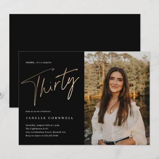 Minimalistisch Manuscript Black en Gold 30th Birth Kaart (Voorkant / Achterkant)