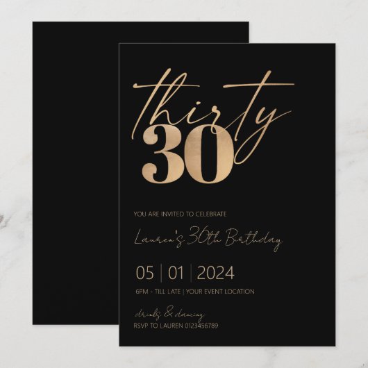 Minimalistisch Manuscript Black en Gold 30th Birth Kaart (Voorkant / Achterkant)