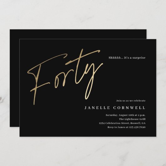 Minimalistisch Manuscript Black en Gold 40th Birth Kaart (Voorkant / Achterkant)