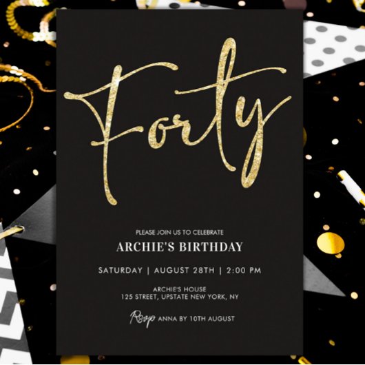 Minimalistisch Manuscript Black en Gold 40th Birth Kaart