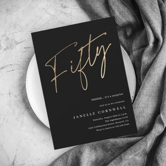 Minimalistisch Manuscript Black en Gold 50th Birth Kaart