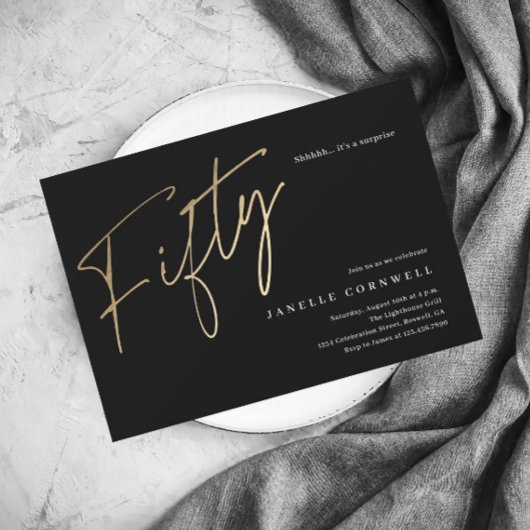 Minimalistisch Manuscript Black en Gold 50th Birth Kaart