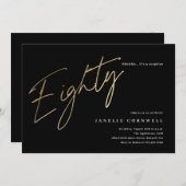 Minimalistisch Manuscript Black en Gold 80th Birth Kaart (Voorkant / Achterkant)