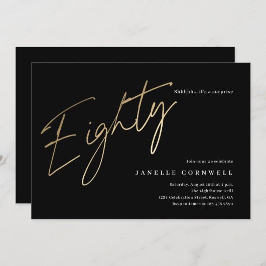 Minimalistisch Manuscript Black en Gold 80th Birth Kaart (Voorkant / Achterkant)
