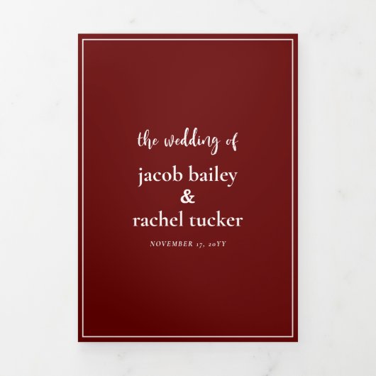 Minimalistisch Manuscript Burgundy Dark Red Weddin Drieluik Uitnodiging (Cover)