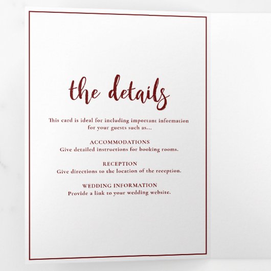 Minimalistisch Manuscript Burgundy Dark Red Weddin Drieluik Uitnodiging (Binnenzijde eerst)